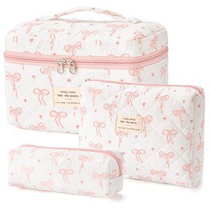 Quilted Makeup Bag, 3pcs Cotton Large Travel Makeup Bag, Cute Floral Coquette🦊